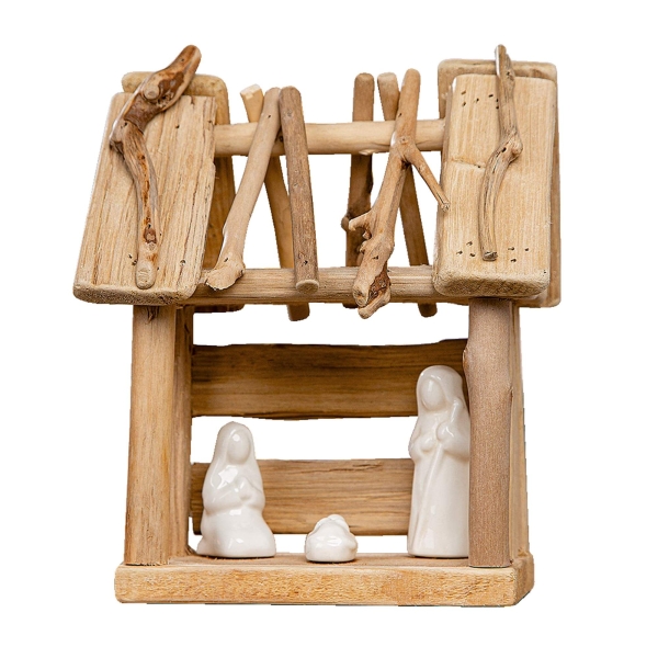 Holzkrippe mit Keramikfiguren