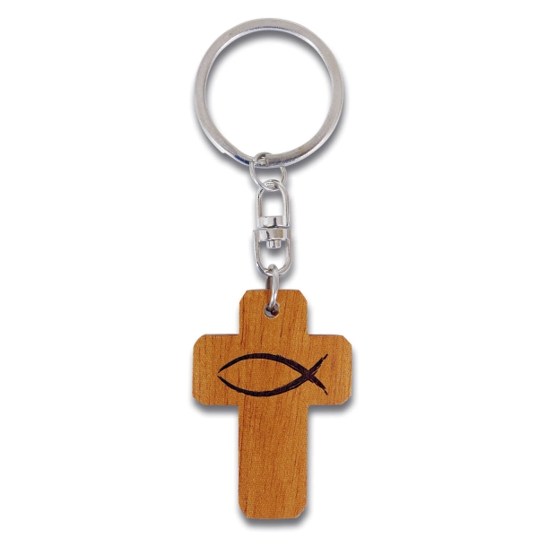 Schlüsselanhänger - Holzkreuz Ichthys