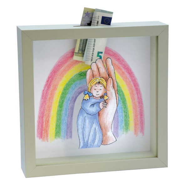 Spardose - Kind in Hand mit Regenbogen